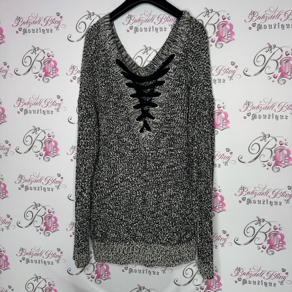 Love & legend sweater corset lace up black lace detail black and cream grey knit